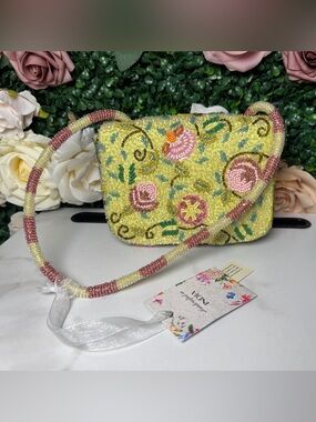 Handcrafted In India Beaded Floral Shoulder Bag in Yellow and Pink NWT